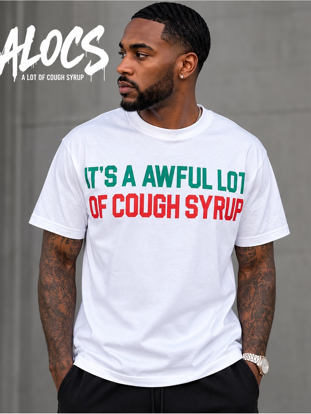 ALOCS White Short-Sleeve Graphic Tee with Green & Red Text - Men
